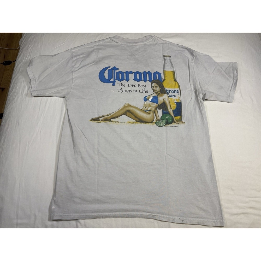 Vtg Corona Beer Pin Up Girl T Shirt XL Anvil Thrashed Two Best Things In Life